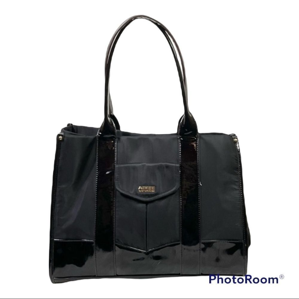 Aimee Kestenberg Heston Nylon Patent Leather Trim Black Handbag Tote Purse